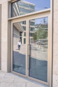 architecture, reflection, building, facade, modern, city, glass, house facade, discs, glass facade, door, road, human, office building, house